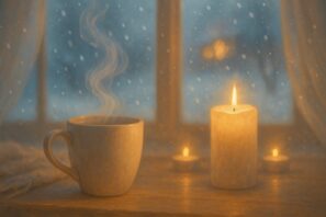 kouřící hrnek s čajem, svíčka, jemná zimní atmosféra